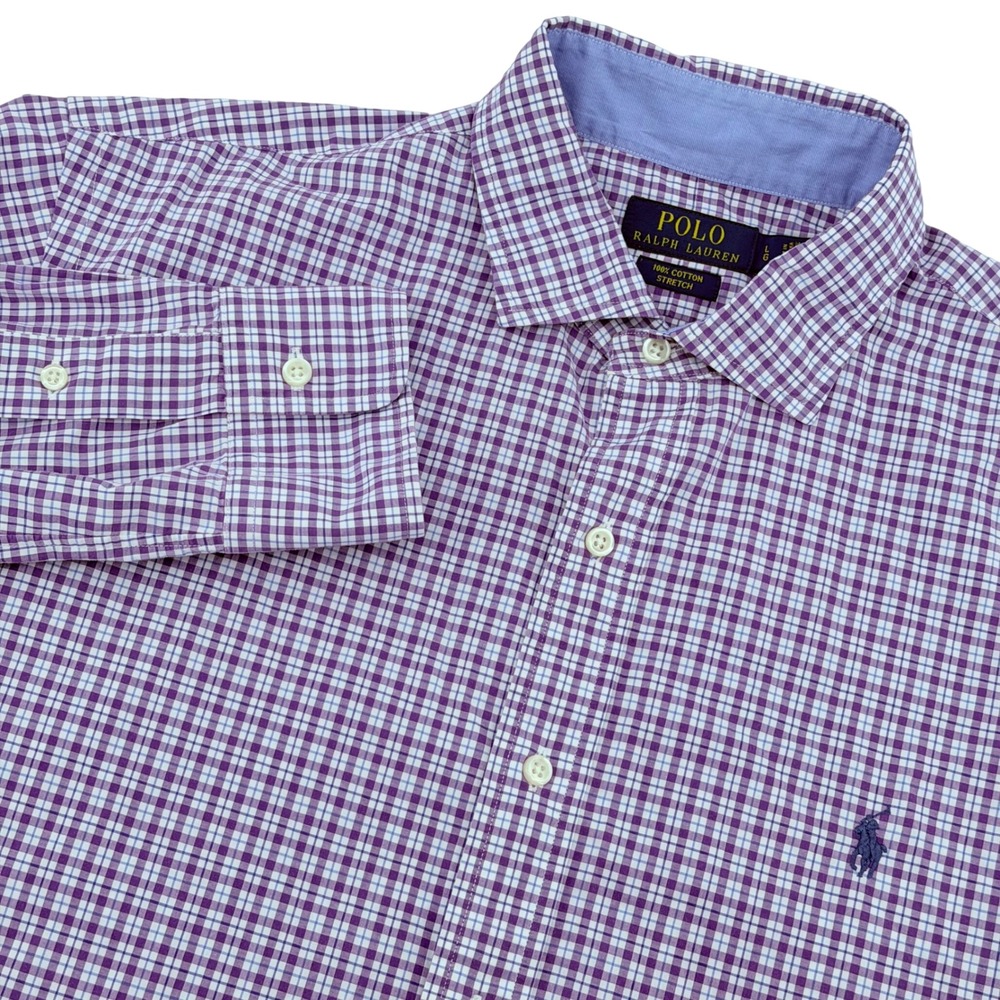 Polo Ralph Lauren Button Up Mens Large Purple Gingham Check Cotton Stretch Shirt